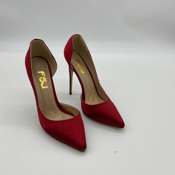 FSJ Red Satin Pointed Toe D'Orsay Stiletto Pumps - Picture 3 of 9